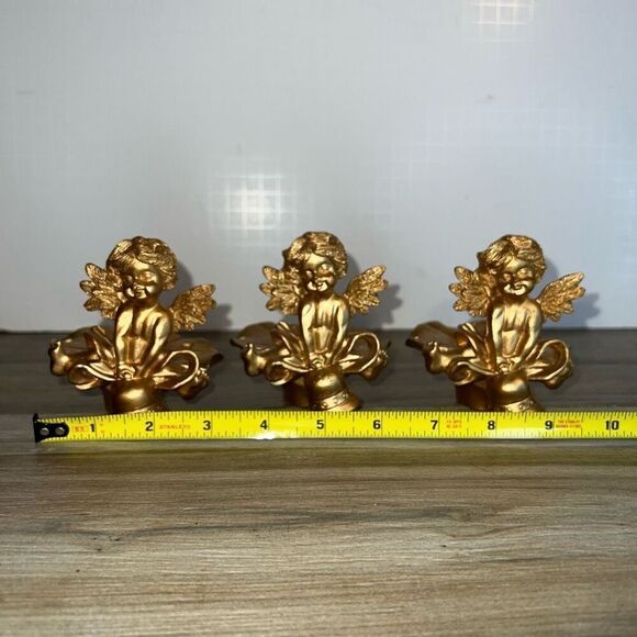 Vintage Ornate Cherub Candle Holder Angels Set 3 Gold Tone Hollywood Regency - Picture 3 of 7
